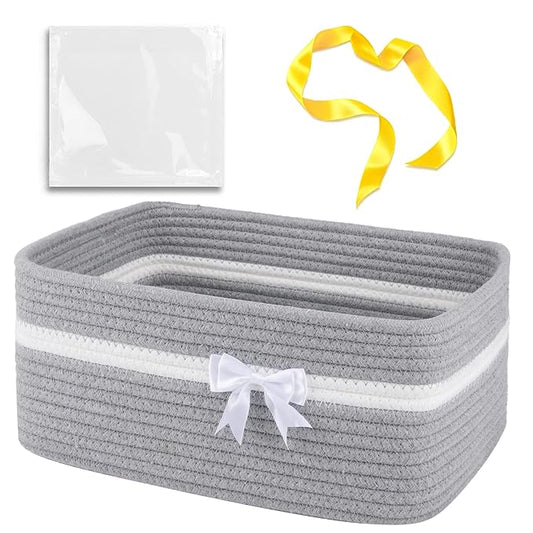 OIAHOMY Large Woven Storage Basket with Handles for Nursery Living Room Shelves, Bow Basket for Gifts Empty with Gift Bags and Ribbons for Baby Showers Pet Toy Bin - Grey