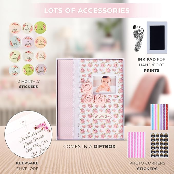 Baby Book Keepsake - Baby Memory Book and Album for Girl, Journal from Pregnancy to First 5 Years, Scrapbook to Record Memories, Milestones and Photos, Baby Book - Pink