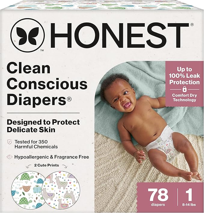 The Honest Company Clean Conscious Diapers for Delicate Skin | Up to 100% Leakproof | Hypoallergenic, Fragrance Free | Gender Neutral | Club Box, Size 1 (8-14 lbs), 78 Count (Prints May Vary)