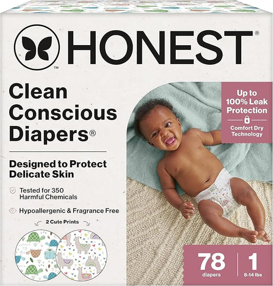 The Honest Company Clean Conscious Diapers for Delicate Skin | Up to 100% Leakproof | Hypoallergenic, Fragrance Free | Gender Neutral | Club Box, Size 1 (8-14 lbs), 78 Count (Prints May Vary)