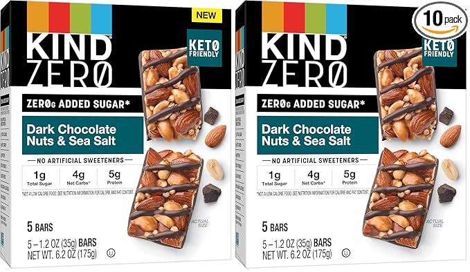 KIND ZERO Added Sugar Bars, Dark Chocolate Nuts and Sea Salt, Keto Friendly Snacks, Gluten Free, 5g Protein, 5 Count (Pack of 2)