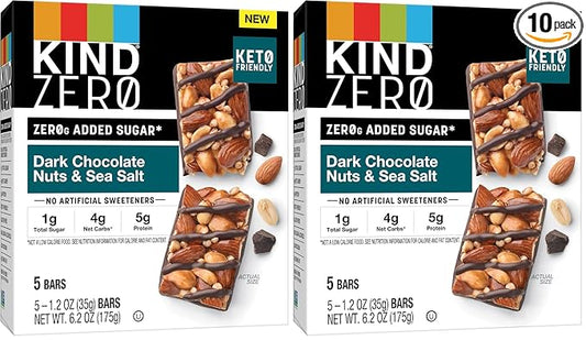 KIND ZERO Added Sugar Bars, Dark Chocolate Nuts and Sea Salt, Keto Friendly Snacks, Gluten Free, 5g Protein, 5 Count (Pack of 2)