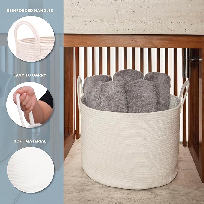 OrganiHaus Large Laundry Basket, Woven Cotton Rope Basket for Blankets, Toy Storage, Nursery Hamper, Living Room Decor Organizer, Soft & Durable Hamper with Handles, 20x13 inches - Off-White