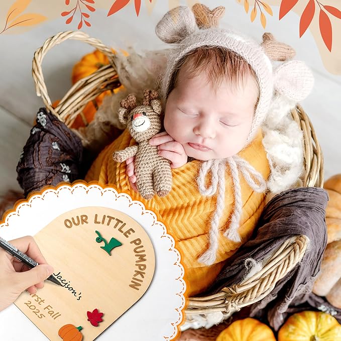 R HORSE Baby's First Fall Footprint or Handprint Art Sign Craft, Our Little Pumpkin DIY Wooden Hanging Decoration, Newborn Keepsake Gift for Baby First Fall Autumn Thanksgiving Baby Shower Photo Prop