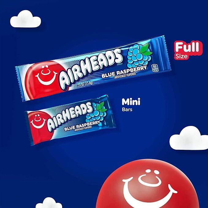 Airheads Candy, Blue Raspberry Flavor, Individually Wrapped Full Size Bars, Taffy, Non Melting, Party, Pack of 36 Bars