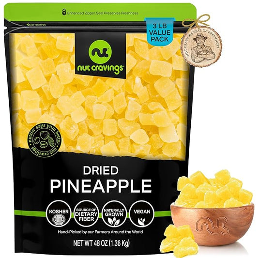 NUT CRAVINGS - Sun Dried Pineapple Chunks, Lightly Sweetened (48oz, 3 LB) Bulk Dry Fruits Packed Fresh in Resealable Bag - Sweet Healthy Snack, Naturally Grown, Vegan, Kosher