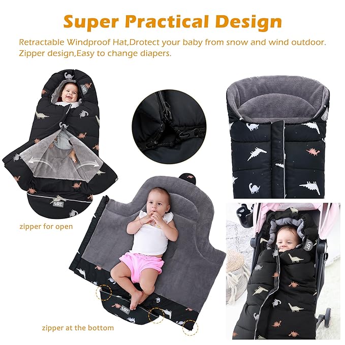 LAT Baby Warm Bunting Bag Universal,Stroller Sleeping Bag Cold Weather,Waterproof Toddler Footmuff(Basic,Black Dinosaur)