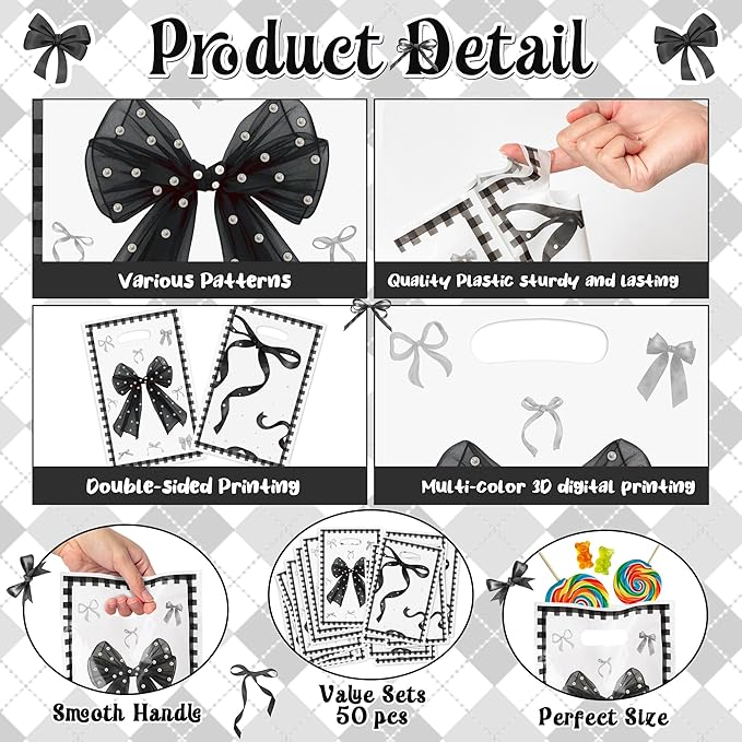 Black Bow Party Favor Bags - 50Pcs Coquette Girls Goody Candy Treat Gifts Bags, Trendy Preppy Black Bow Knot Theme Party Decorations for Women Girls Birthday Wedding Bridal Shower Bachelorette