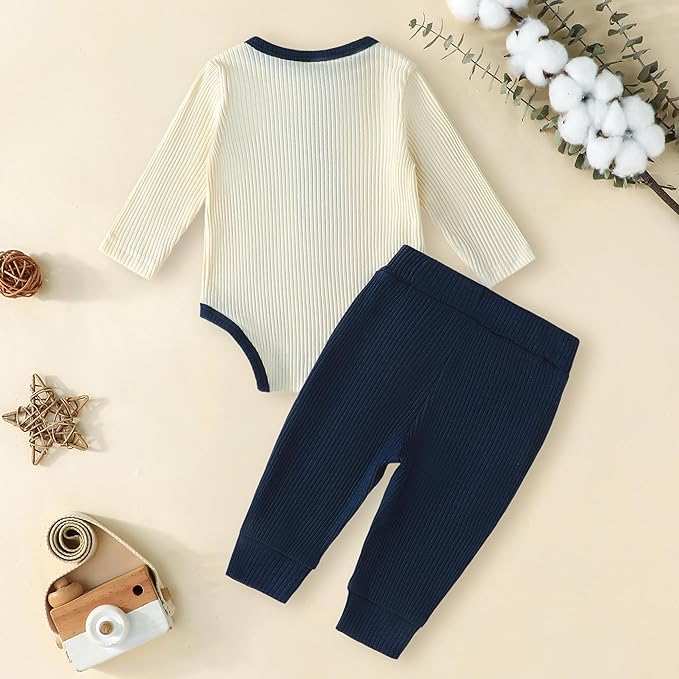 Newborn Baby Boy Girl Clothes Ribbed Knit Cotton Long Sleeve Romper Long Pant Preemie Solid Color Unisex Outfits