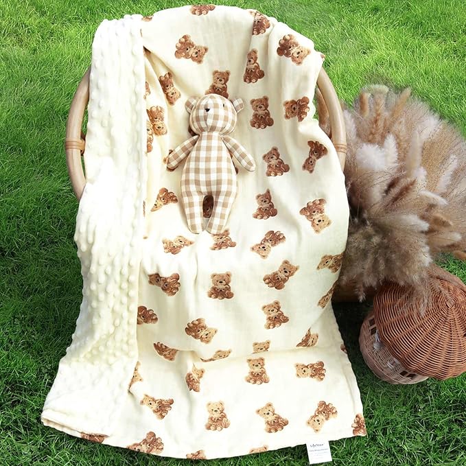 LifeTree Baby Girl & Boy Blankets, Soft Double Layer Swaddle Blankets, Muslin Front and Dotted Fleece Backing Receiving Bed Throw Blanket for Newborn Unisex, 31X40 Inches, Bear Pattern