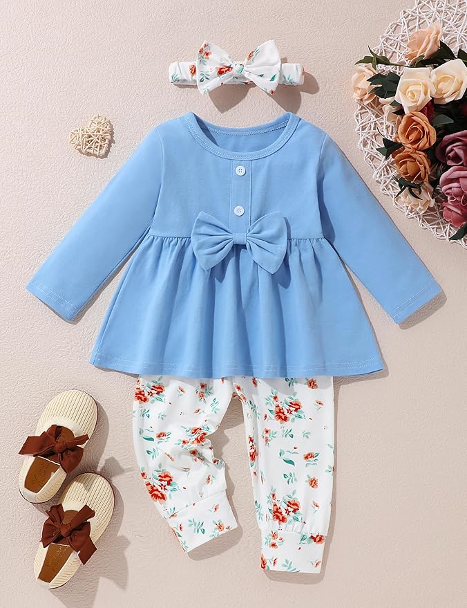 oklady Toddler Baby Girl Clothes Solid Color Ruffle Tops Floral Pants with Headband Fall Winter Cute Girl Outfits