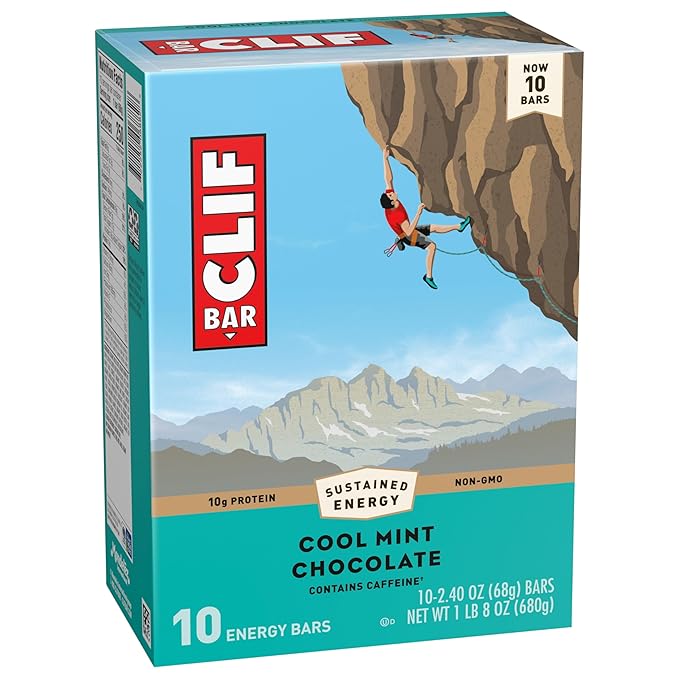 CLIF BAR - Cool Mint Chocolate with Caffeine - Made with Organic Oats - Energy Bars - Non-GMO - Plant Based Protein Bars (10 Pack)