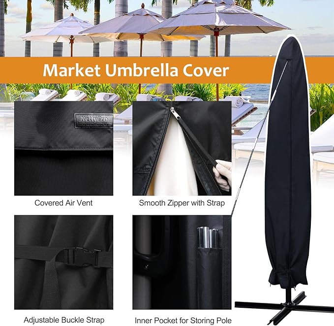 NettyPro Patio Umbrella Cover Outdoor Waterproof Market Umbrella Parasol Cover Fits 10ft to 12ft, Black