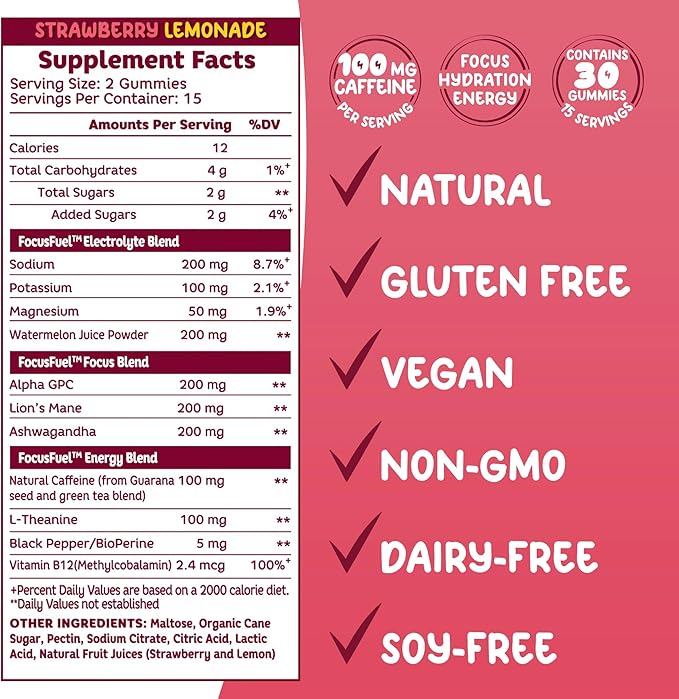 Energy Chews – Strawberry Lemonade Flavor (15 Servings) – 100mg Caffeine + Alpha GPC + L-Theanine + B12, Magnesium – Boost Focus & Energy – No Crash or Jitters