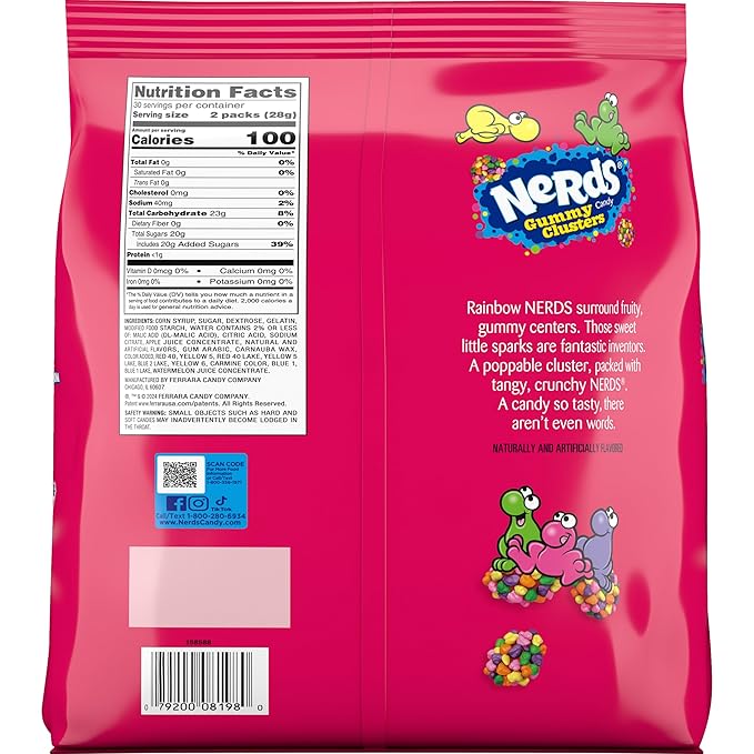 NERDS Gummy Clusters, Candy Treat Packs, Rainbow, Crunchy and Gummy, 30 oz (60 ct)