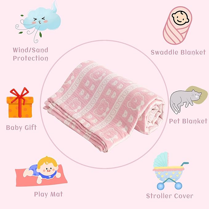 NTBAY 3 Layer Oversized Muslin Cotton Toddler Blanket, Jacquard Reversible Nursery Bed Blanket, Super Soft and Thermal for All Seasons, Baby Gift, 45"x60", Pink Bear