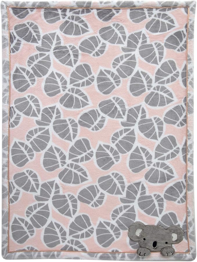 Lambs & Ivy Calypso Pink/Gray Koala Leaf Print Luxury Coral Fleece Baby Blanket