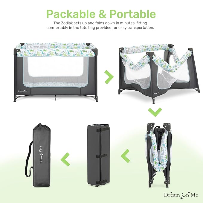 Dream On Me Zodiak Portable Playard in Grey and Green, Lightweight, Packable and Easy Setup Baby Playard, Breathable Mesh Sides and Soft Fabric - Comes with a Removable Padded Mat