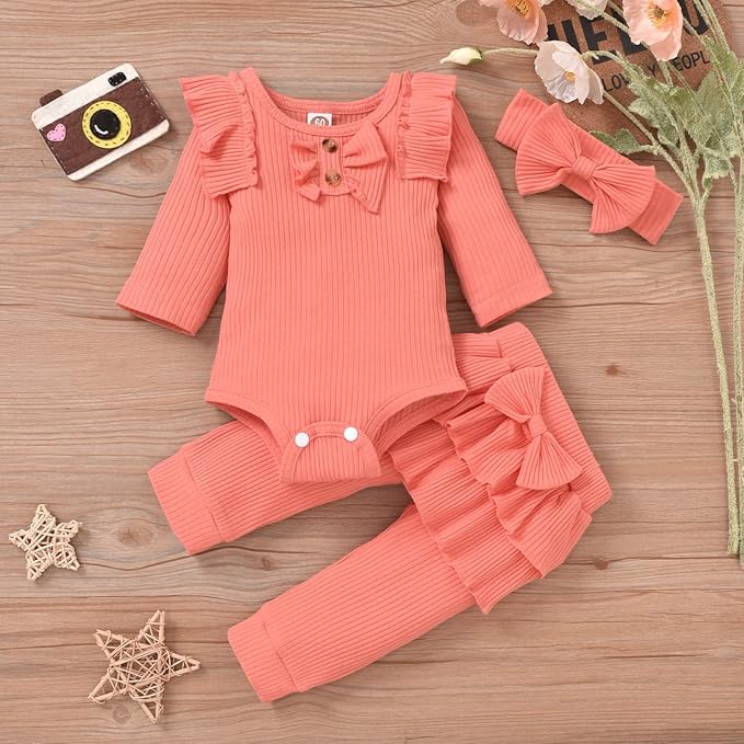 Aalizzwell Preemie Newborn Infant Baby Girls Clothes Ribbed Bodysuit Pants Set Fall Winter Outfits