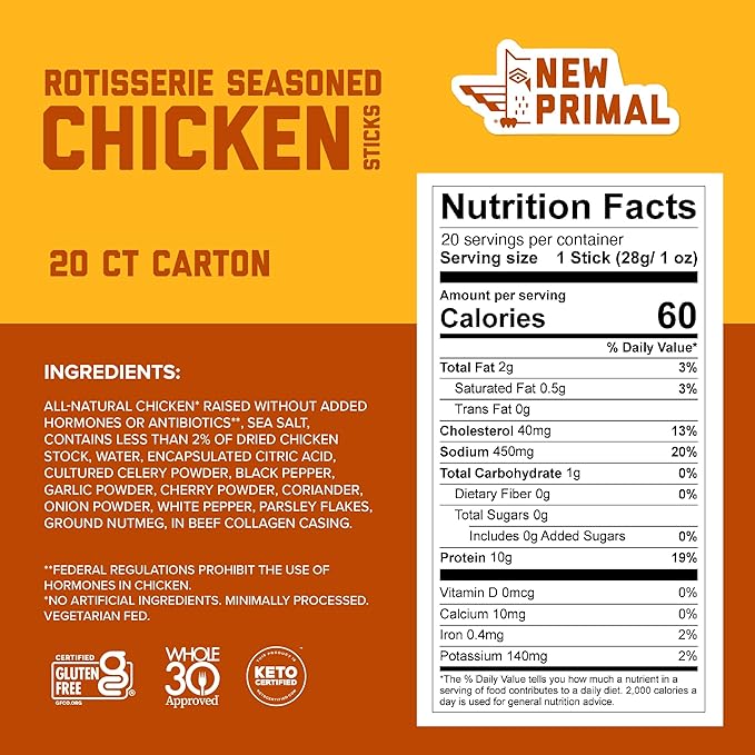 New Primal Rotisserie Chicken Sticks, Zero Sugar High Protein Snack, Gluten Free Whole30 Healthy Snacks, Keto and Paleo Friendly, Jerky Meat Stick, 10g Protein, 20 Ct