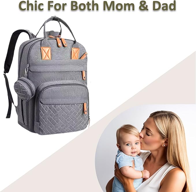 Baby Diaper Bag Backpack - Large Bag for Boys & Girls, with Changing Pad & Pacifier Case, Large Capacity with Insulated Pockets, Waterproof, with Stroller Straps, Unisex - Grey