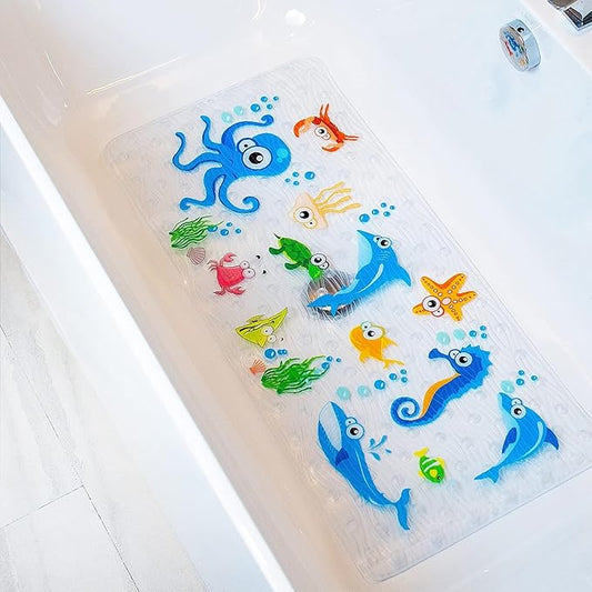 Bath Mats for Tub Kids,Baby Toddler - Large Cartoon Non-Slip Bathroom Bathtub Anti-Slip Shower Mats for Floor 35x15,Machine Washable XL Size Bathroom Mats (Blue-Octopus)
