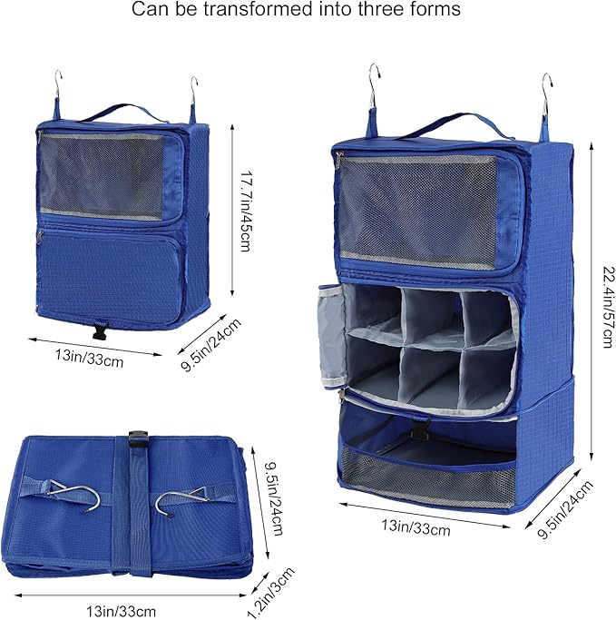 TABITORA Travel Portable Hanging Shelves Closet Organizer Packing Luggage Organizer and Storage with Multifunctional and Foldable Invisible Compartment,Lightweight,for Suitcase, RV,Closet…Blue,XL