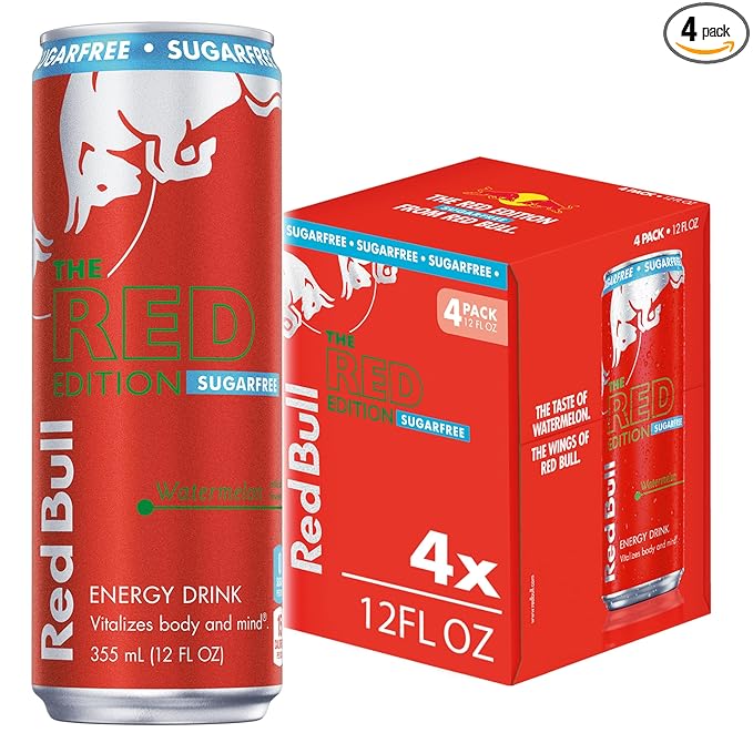 Red Bull Red Edition Sugar Free Energy Drink, Watermelon, with 114mg Caffeine plus Taurine & B Vitamins, 12 Fl Oz, Pack of 4 Cans