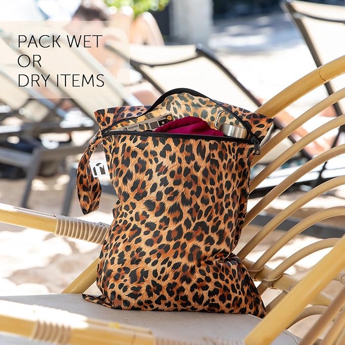 Roamio Waterproof Wet Bag for Baby, Travel, Swim Suit, Cloth Diaper, Pump Parts, Pool, Gym Clothes, Beach, Toiletry, Hook to Stroller, Daycare, Zipper Reusable Bag, Wetdry Packing Pouch, Leopard Print