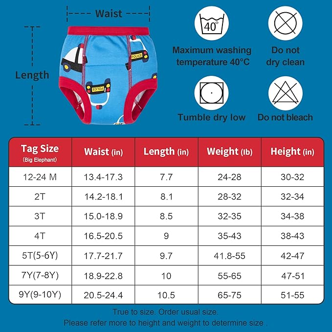 BIG ELEPHANT 10-Pack Baby Potty Training Underwear, Soft 100% Cotton Absorbent Training Pants for Boys & Girls, Ages 12M-10Y