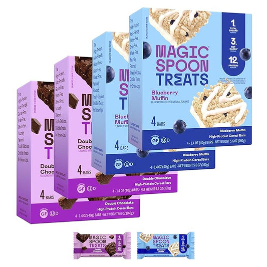 MAGIC SPOON Treats - High Protein, Low Carb, Keto Friendly, Low Sugar, Gluten Free, Crispy Protein Bar Cereal Bar, On-The-Go Healthy Snack (8 Blueberry Muffin Bars, 8 Double Chocolate Bars)