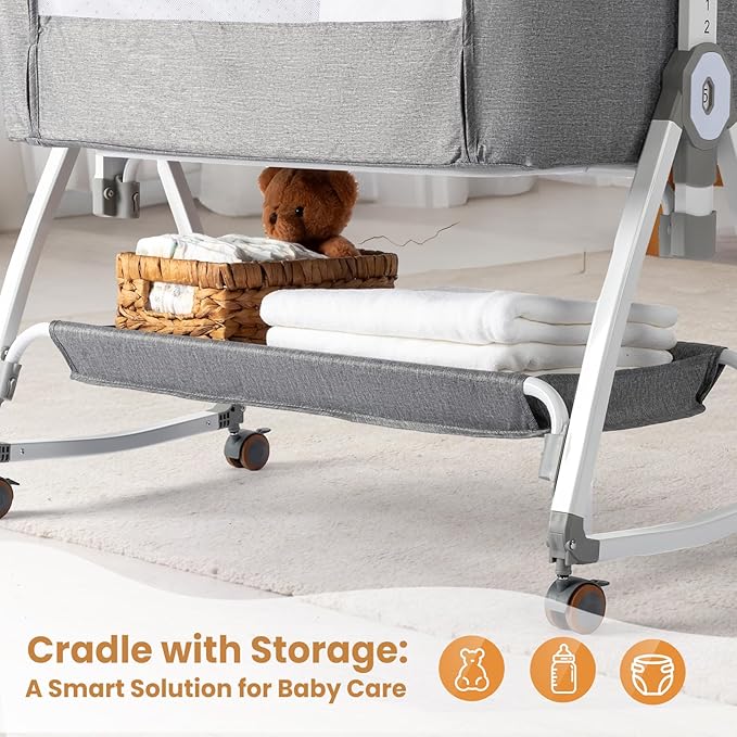 JOYMOR 3 in 1 Baby Bassinet, Bedside Bassinet for Baby, with Comfy Mattress and Wheels, 6 Height Adjustable Easy Folding Portable Bedside Crib for Newborn (Gray)