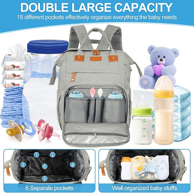 large diaper bag backpack，baby bag with changing station for Boys Girls，Multifunctional Diaper Bag，Mommy Bag With USB Charging Port（grey）