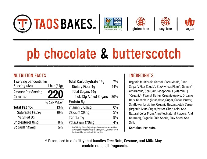 Taos Bakes - Peanut Butter Chocolate + Butterscotch - Snack Bars - 6g Protein, Gluten Free, Plant Based, & Vegan Granola Bars - Filled w/Flax Seeds, Chia Seeds, & Peanut Butter - 12 Pack, 1.8oz ea