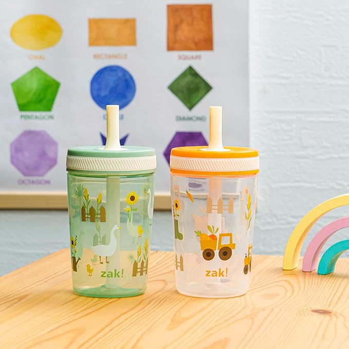 Zak Designs Kelso Toddler Cups For Travel or At Home, 15oz 2-Pack Durable Plastic Sippy Cups With Leak-Proof Design is Perfect For Kids (Silly Goose, Harvest)