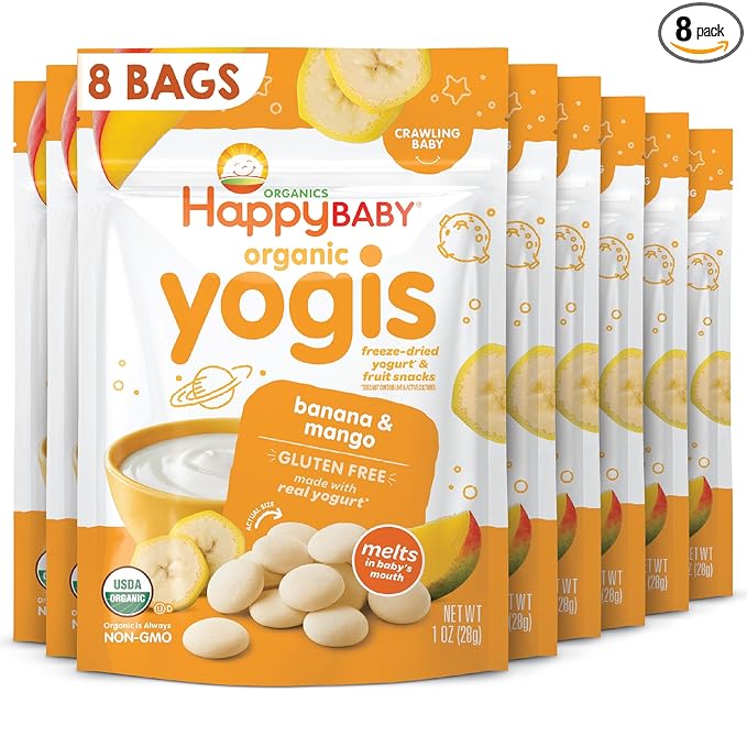 Happy Baby Organics Yogis Freeze-Dried Yogurt & Fruit Snacks, Banana & Mango, 1 Ounce Bag (Pack of 8) packaging may vary