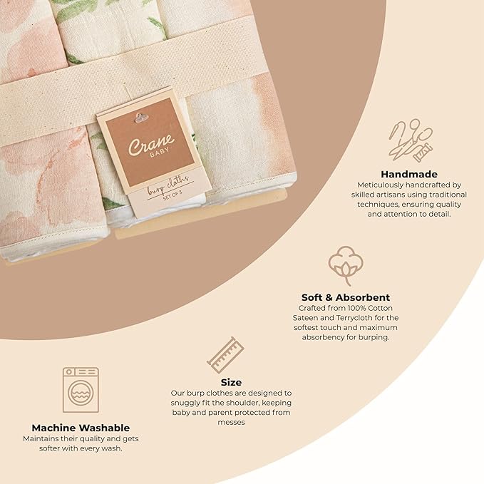 Crane Baby Cotton Muslin Burp Cloths Set of 3, Absorbent Floral Baby Burp Cloths, Newborn Essentials, Registry Must-Haves Pink Floral Burp Cloth