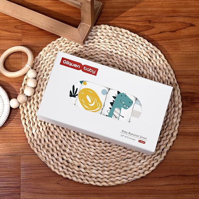 Gllquen Baby Bassinet Sheets 4 Pack, Breathable Cozy Fitted Mattress Sheet, Elastic Travel Crib Fashionable Floral Pattern, Standard Cradle Safe Sheets for Baby Boys Girls 32"x16"(Dinosaur)