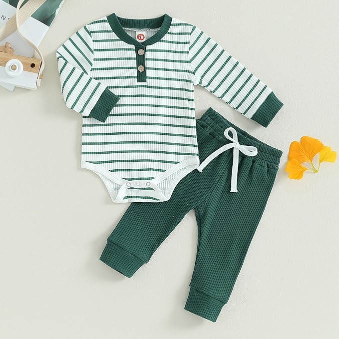 Newborn Baby Boy Girl Clothes Ribbed Knitted Long Sleeve Romper Pants Solid Cotton Infant Fall Winter Outfits 2Pcs