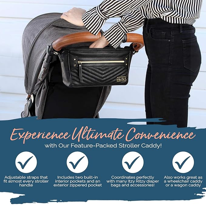 Itzy Ritzy Adjustable Stroller Caddy / Organizer - Stroller Organizer Bag Featuring Front Zippered Pocket, 2 Built-In Interior Pockets & Straps to Fit Nearly Any Model (Black with Gold Hardware)