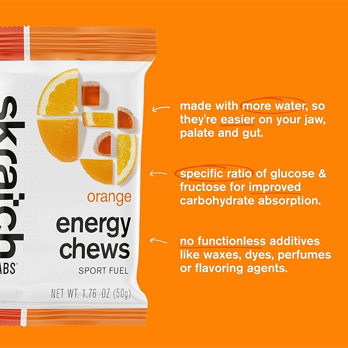 Skratch Labs Energy Chews | Gummies for Running, Cycling, and Sports Performance | Gel Alternative | Orange (10 Pack) | Gluten Free, Vegan