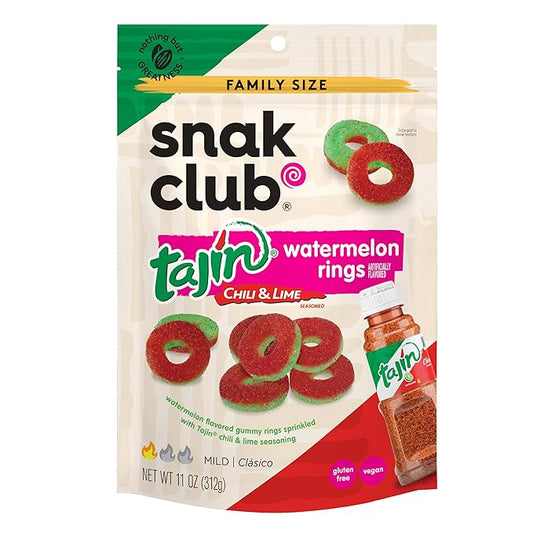 Snak Club Watermelon Rings, Tajin Chili & Lime Seasoned, Sweet and Spicy Gummy Candy, Mild in Heat Bold in Flavor, Low-Fat, Vegan, Gluten-Free Snack, Family Size, 11 Ounce