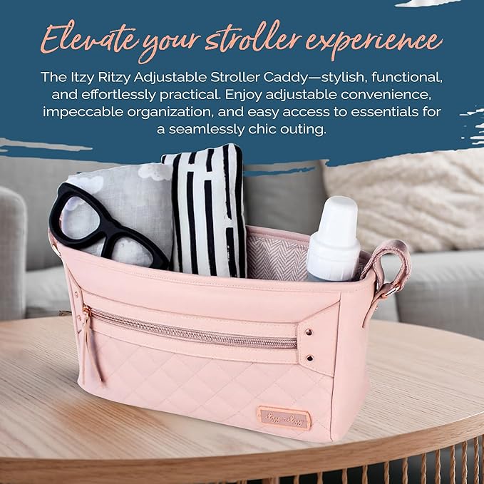 Itzy Ritzy Adjustable Stroller Caddy/Organizer - Stroller Organizer Bag Featuring Front Zippered Pocket, 2 Built-in Interior Pockets & Adjustable Straps to Fit Nearly Any Stroller (Blush)