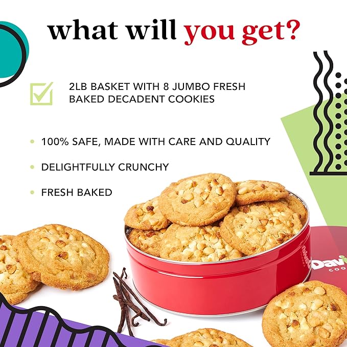 David's Cookies Fresh Baked Decadent Jumbo Vanilla Chip Macadamia Nut Cookies – 2lb Gift Basket Tin with 8 Large Vanilla Cookies – Bakery-Style Soft and Chewy Dessert for Birthdays, Special Occasions