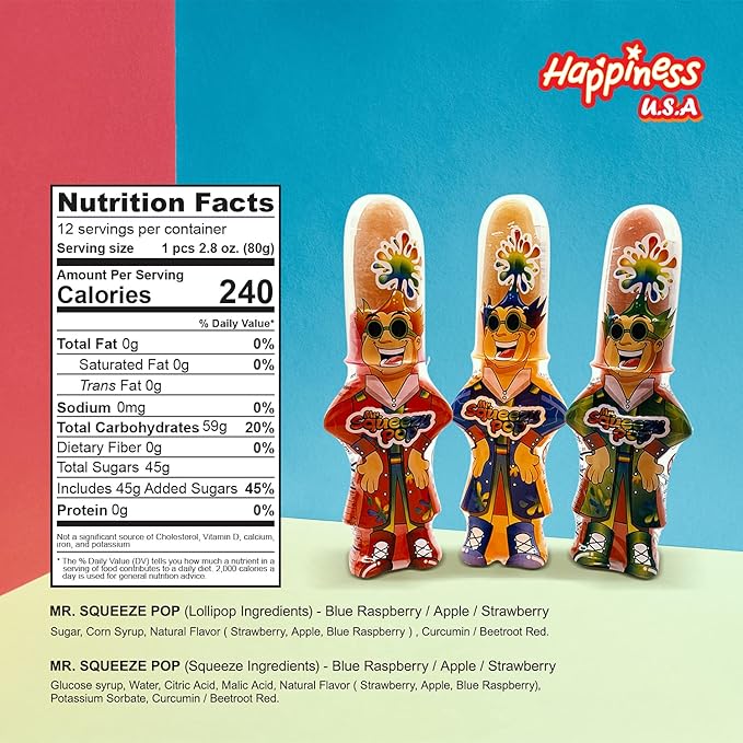 Happiness USA Mr. Squeezy Pop Sour Candy Variety Pack of 12 | All-Natural Kosher Squeeze Candy Blue Raspberry, Apple & Strawberry Flavors w/No Artificial Color | Dye Free Suckers & Lollipops for Kids