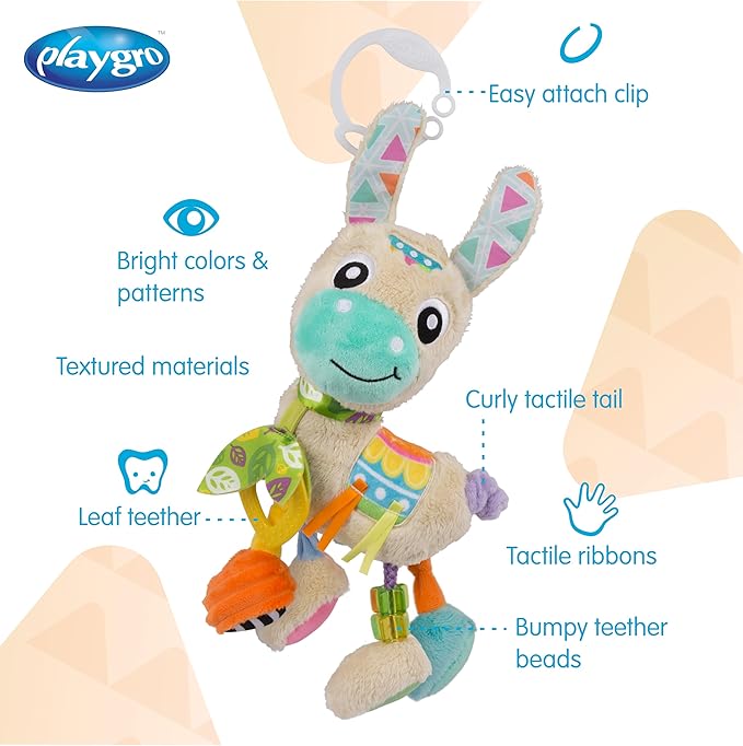 Playgro Sensory Friend Lupe Llama Sensory Toy - Ideal Stroller Toys for 0+ Months Babies to Encourage Grasping with Rattle - Improve Baby Sight & Touch Senses with On-The-Go Fun for Newborn Baby Toys