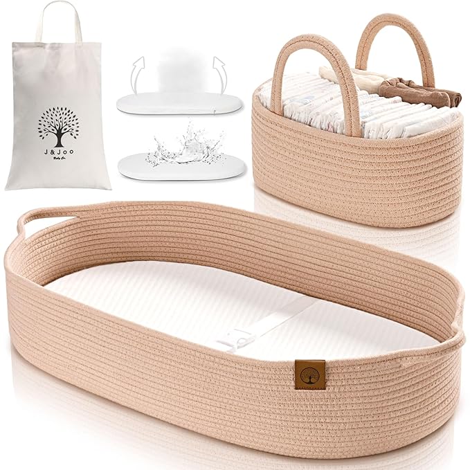 Baby Changing Basket Includes Diaper Caddy - Breathable & Waterproof Dual-Cover, Portable, Changing Pad for Dresser & Changing Table, Gift for Baby Shower, Cotton Rope Basket for Baby