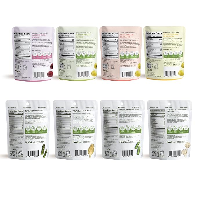 Poshi Olives + Veggies | Whole Pitted Olives 4 Flavor Variety | Poshi 4 Flavor Variety | Vegan, Kosher, Gluten Free + Keto Friendly Healthy Snacks (24 Pack)