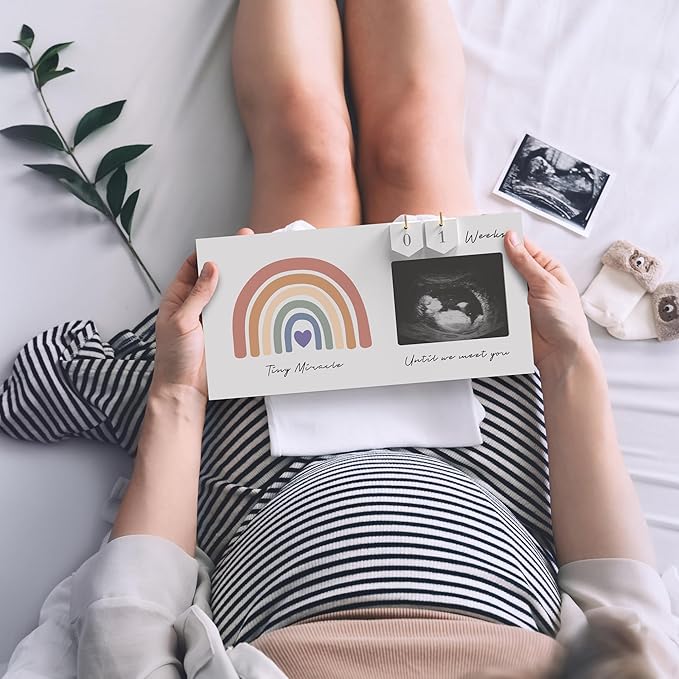 Rainbow Baby Sonogram Picture Frame Countdown Weeks, Pregnancy Announcement Ideas, 4"x3" Ultrasound Photo, Gender Reveal Baby-Shower Gift for New Mom Dad Expecting Parents Grandparents to Be Keepsake