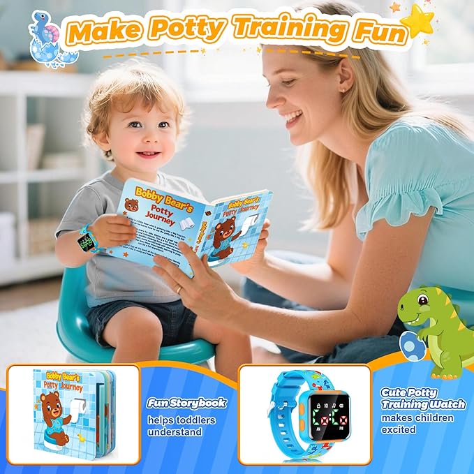 Potty Training Watch and Board Book for Kids: Water Resistant Potty Watches for Toddler Boys Rechargeable Toilet Reminder Dinosaur Toddler Watch 1-3 Birthday Gifts for 2 3 4 Year Old Boy (Blue)